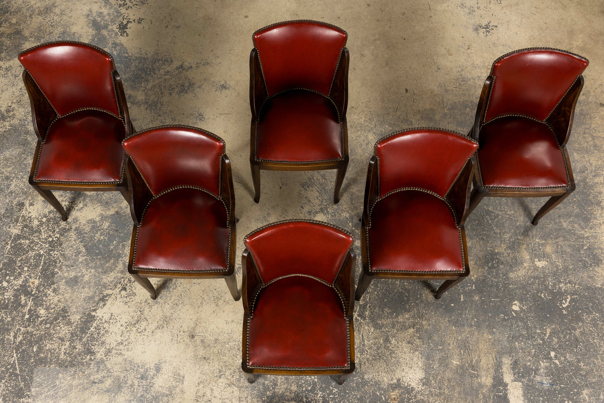 1930s French Art Deco Maple Gondola Dining Chairs W/ Red Faux Leather - Set of 6