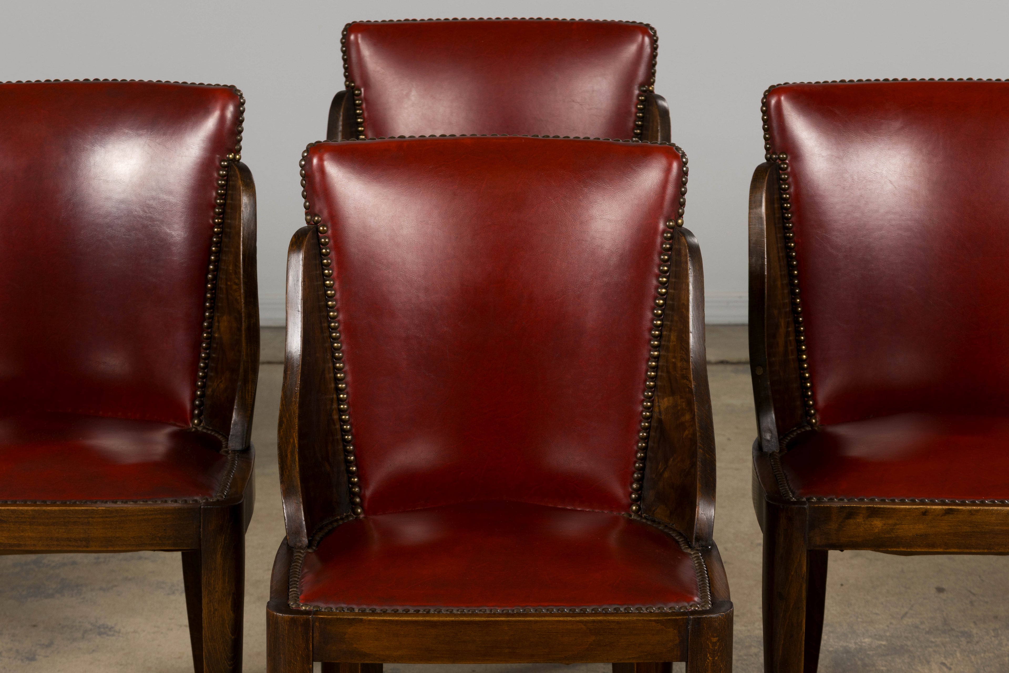 1930s French Art Deco Maple Gondola Dining Chairs W/ Red Faux Leather - Set of 6