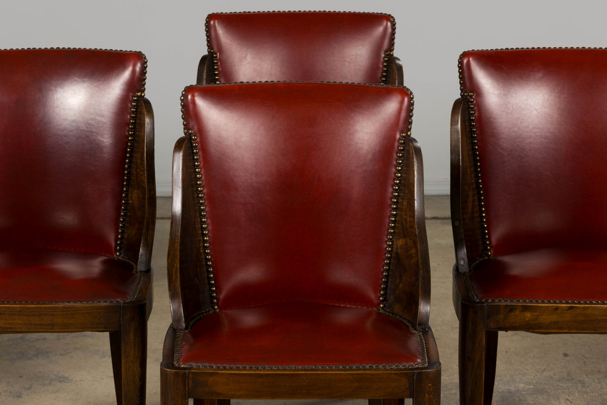 1930s French Art Deco Maple Gondola Dining Chairs W/ Red Faux Leather - Set of 6