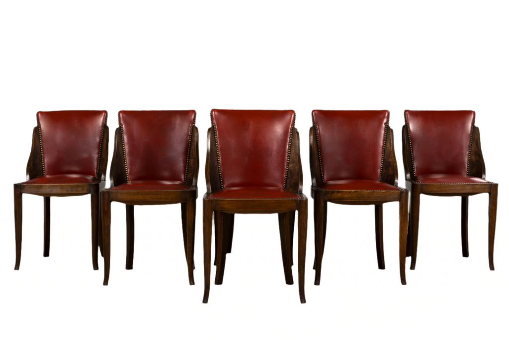 1930s French Art Deco Maple Gondola Dining Chairs W/ Red Faux Leather - Set of 6