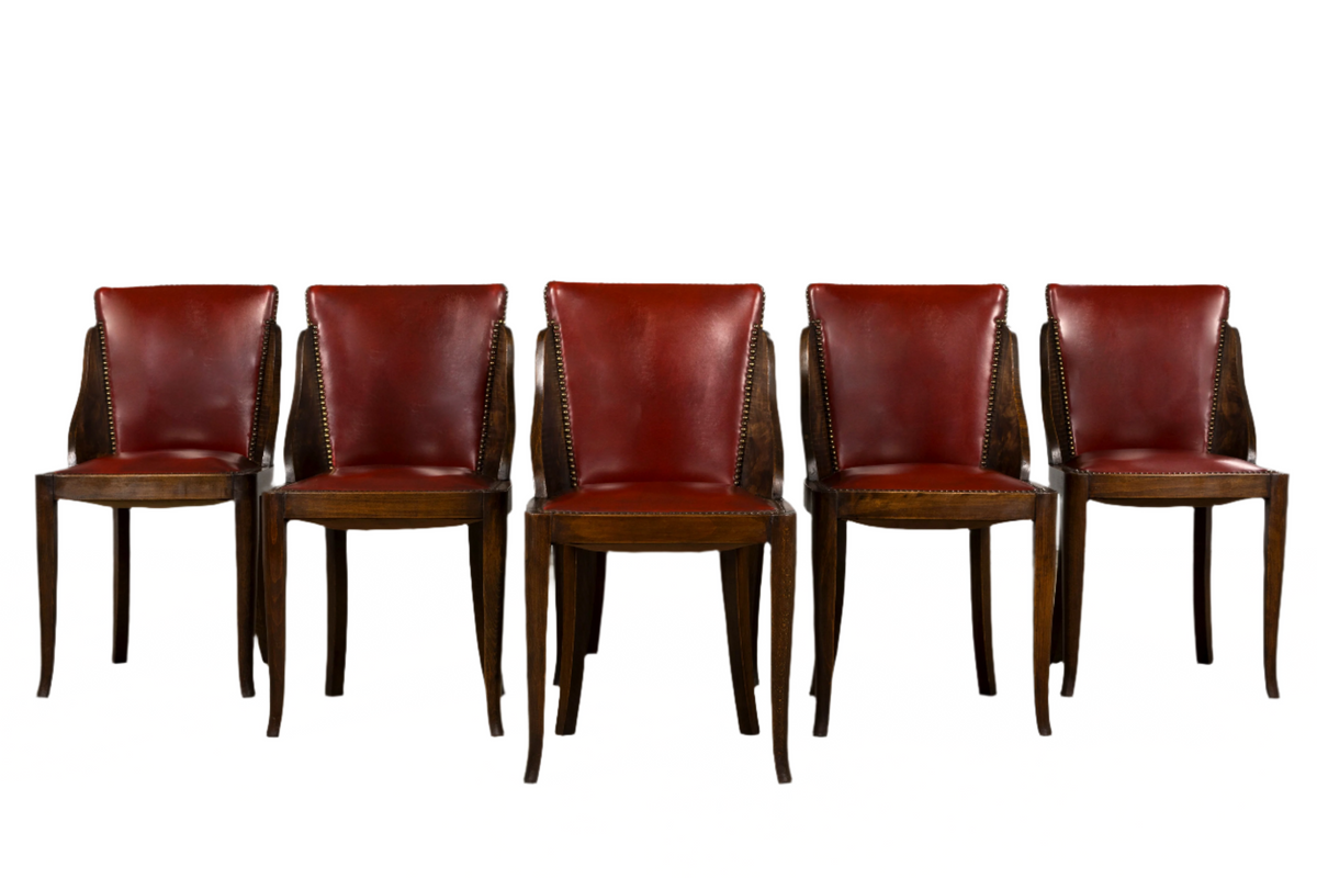 1930s French Art Deco Maple Gondola Dining Chairs W/ Red Faux Leather - Set of 6
