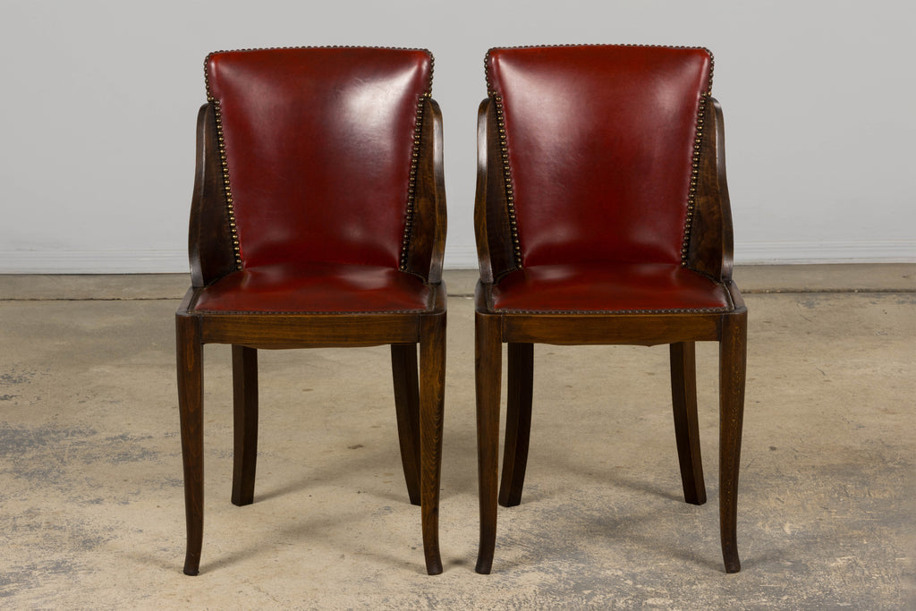 1930s French Art Deco Maple Gondola Dining Chairs W/ Red Faux Leather - Set of 6