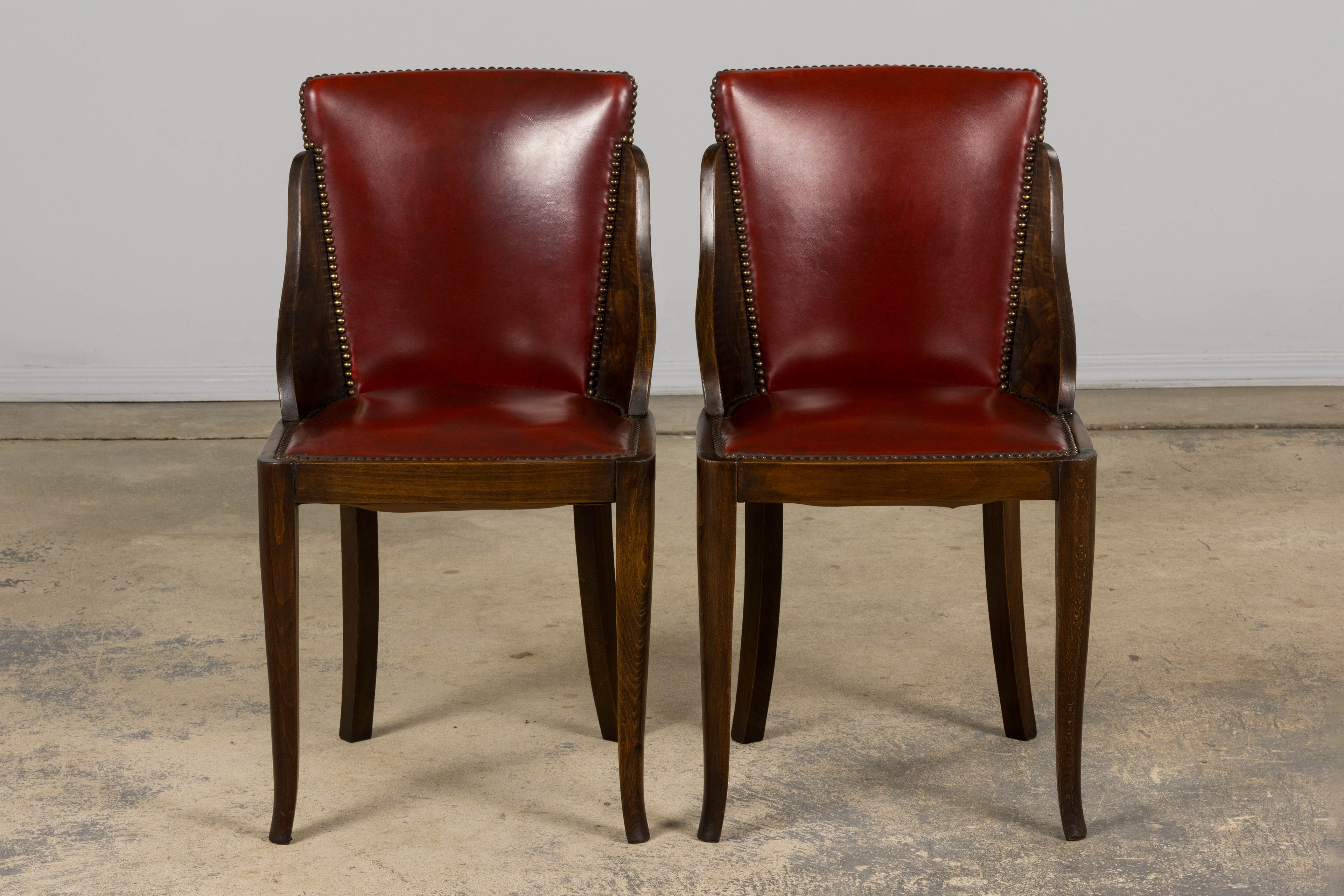 1930s French Art Deco Maple Gondola Dining Chairs W/ Red Faux Leather - Set of 6