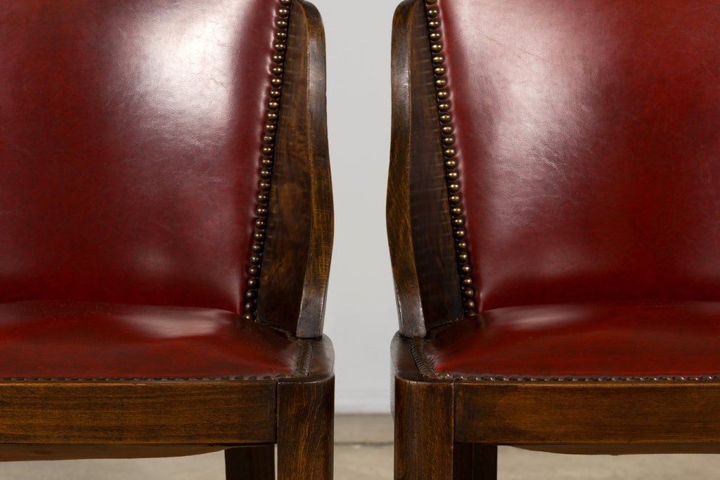 1930s French Art Deco Maple Gondola Dining Chairs W/ Red Faux Leather - Set of 6