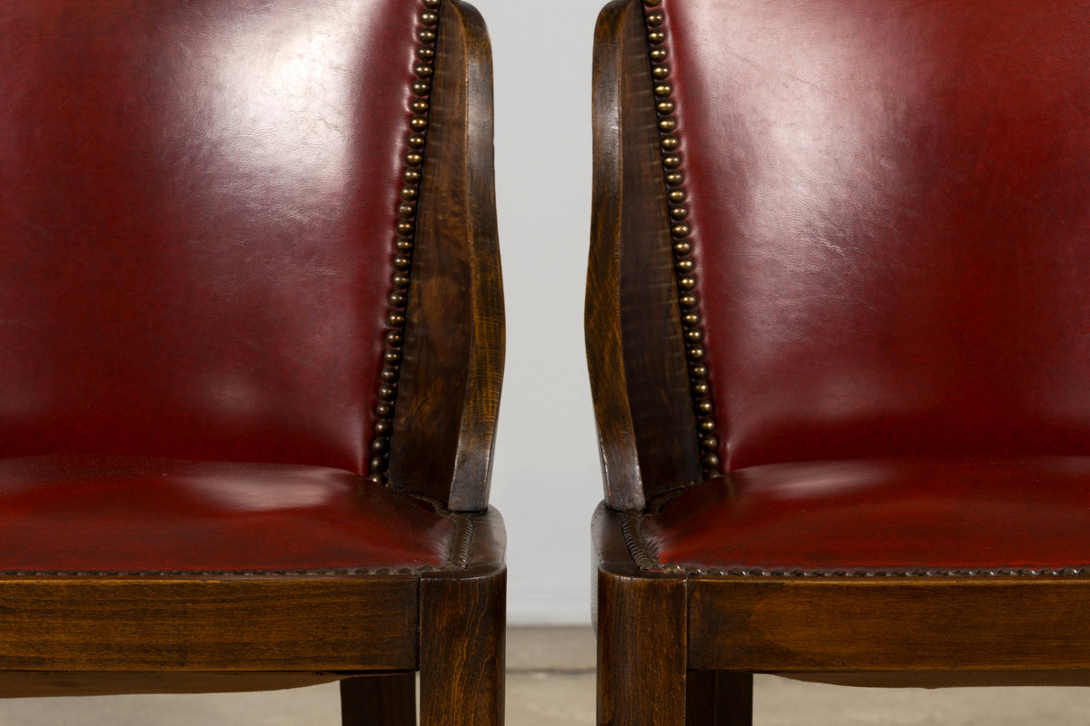 1930s French Art Deco Maple Gondola Dining Chairs W/ Red Faux Leather - Set of 6