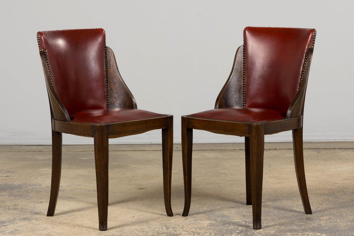 1930s French Art Deco Maple Gondola Dining Chairs W/ Red Faux Leather - Set of 6