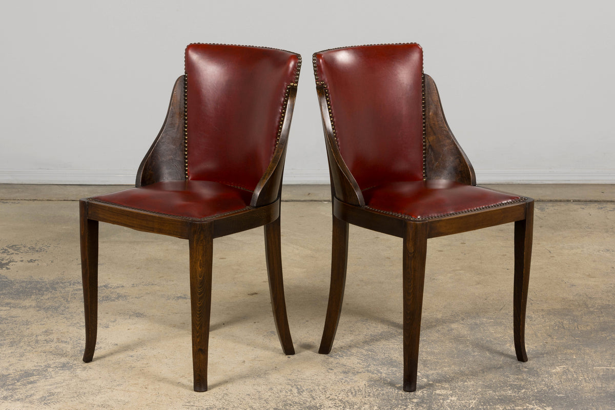 1930s French Art Deco Maple Gondola Dining Chairs W/ Red Faux Leather - Set of 6