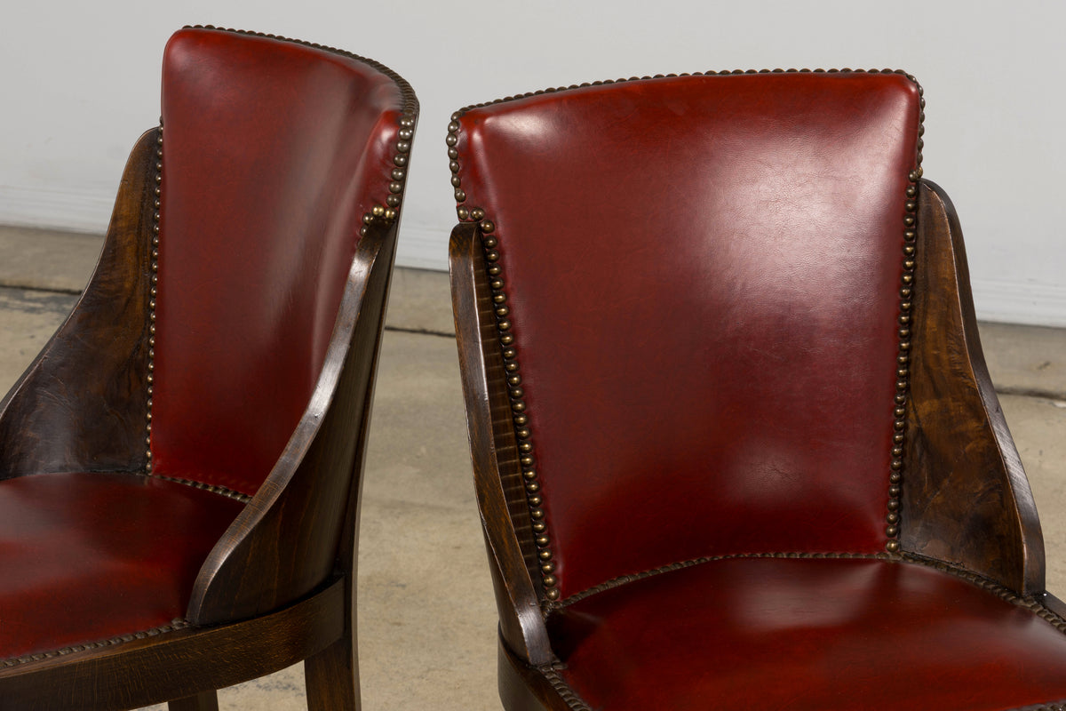 1930s French Art Deco Maple Gondola Dining Chairs W/ Red Faux Leather - Set of 6