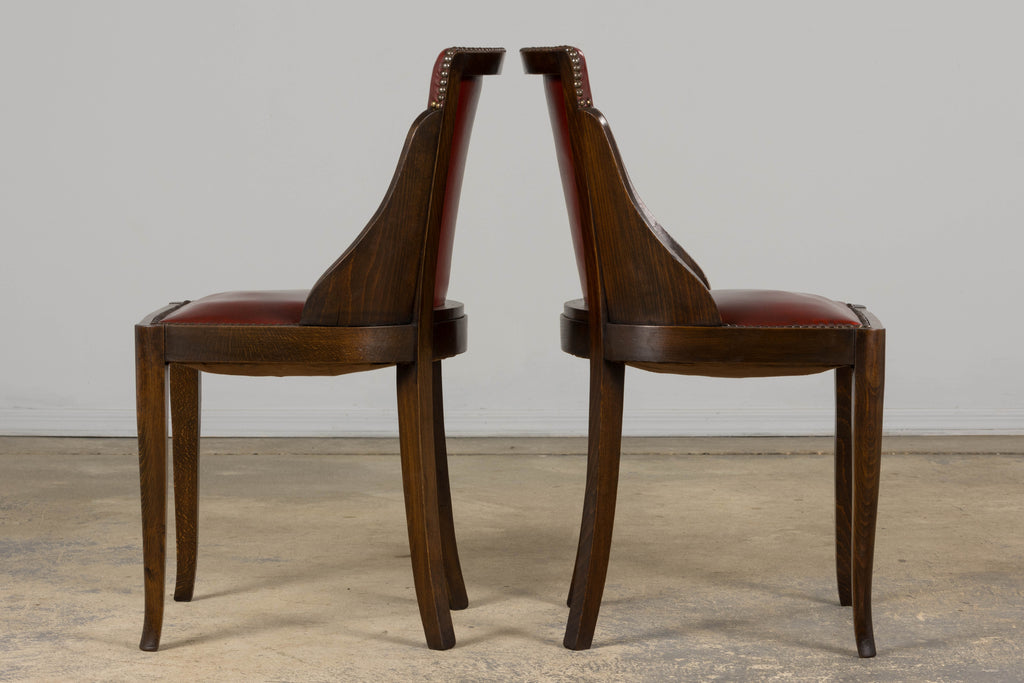 1930s French Art Deco Maple Gondola Dining Chairs W/ Red Faux Leather - Set of 6
