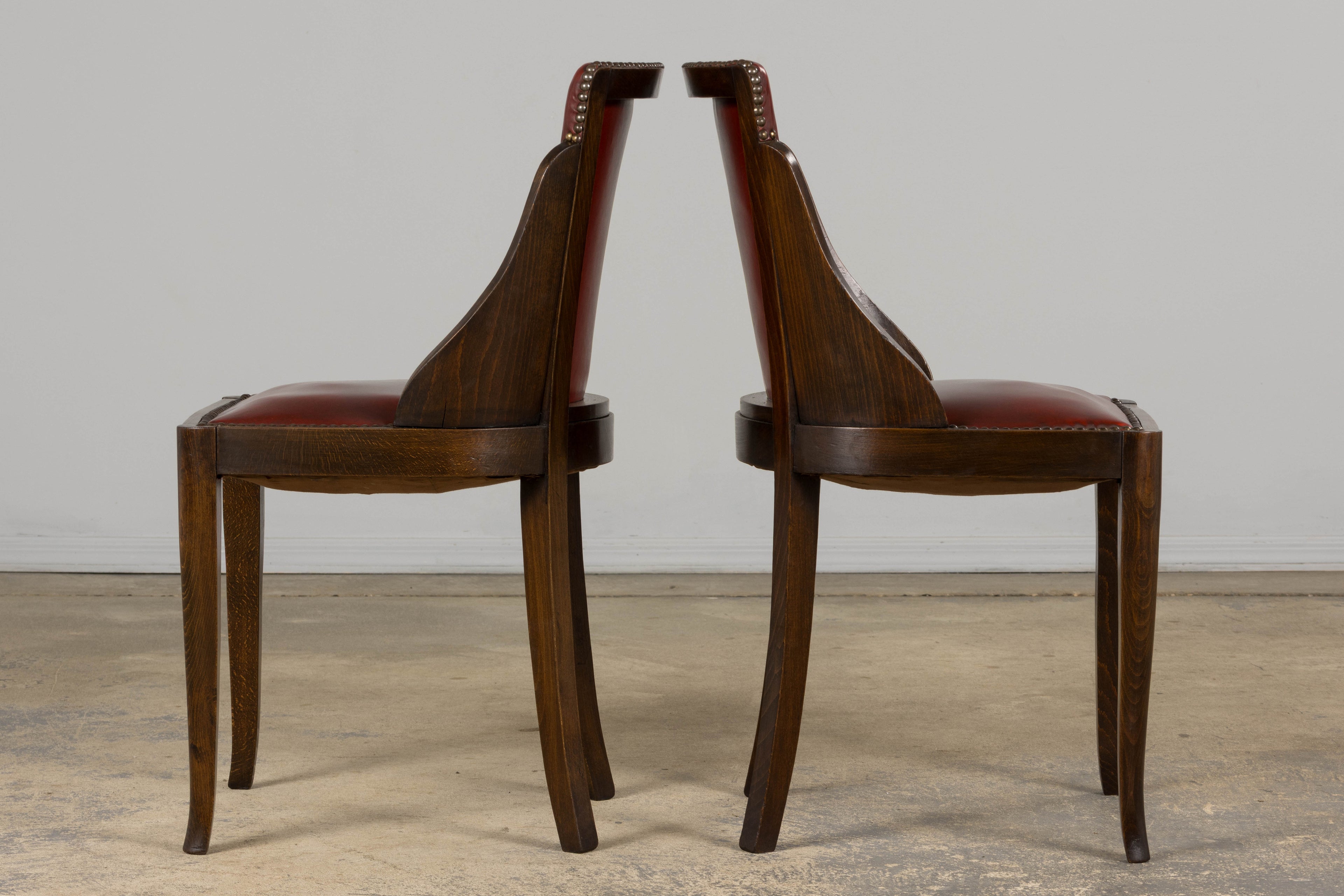 1930s French Art Deco Maple Gondola Dining Chairs W/ Red Faux Leather - Set of 6