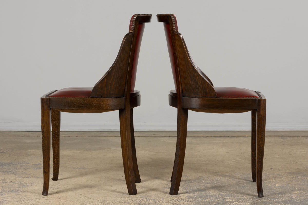 1930s French Art Deco Maple Gondola Dining Chairs W/ Red Faux Leather - Set of 6
