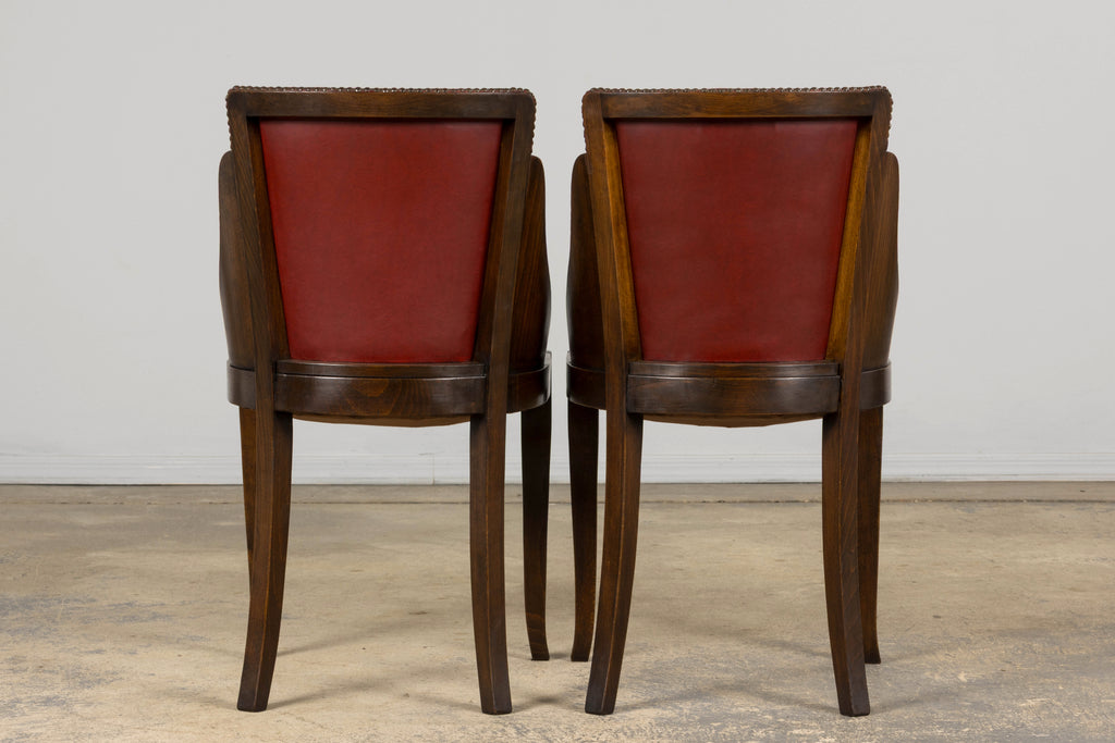 1930s French Art Deco Maple Gondola Dining Chairs W/ Red Faux Leather - Set of 6