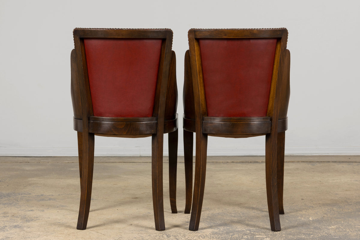 1930s French Art Deco Maple Gondola Dining Chairs W/ Red Faux Leather - Set of 6