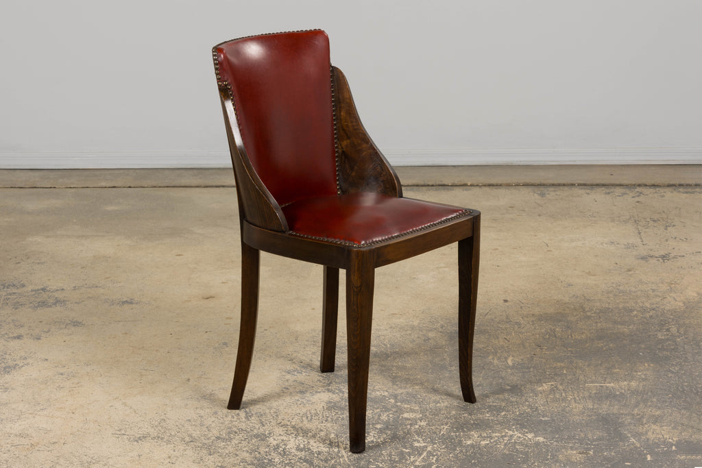 1930s French Art Deco Maple Gondola Dining Chairs W/ Red Faux Leather - Set of 6