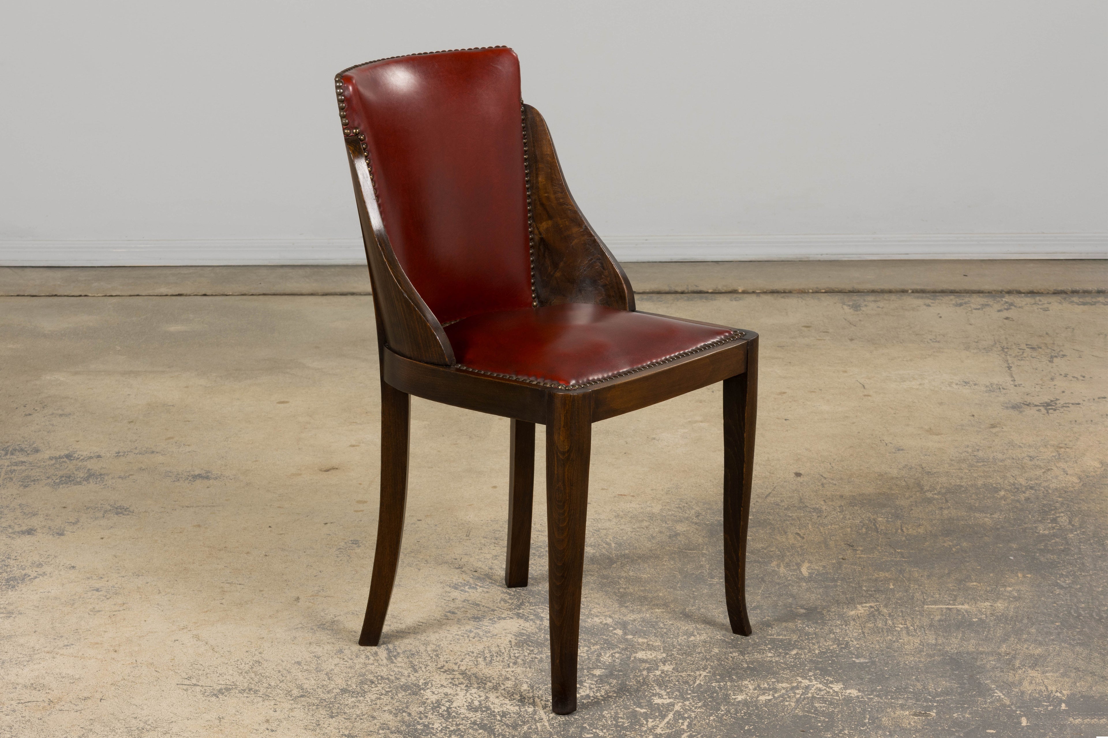 1930s French Art Deco Maple Gondola Dining Chairs W/ Red Faux Leather - Set of 6