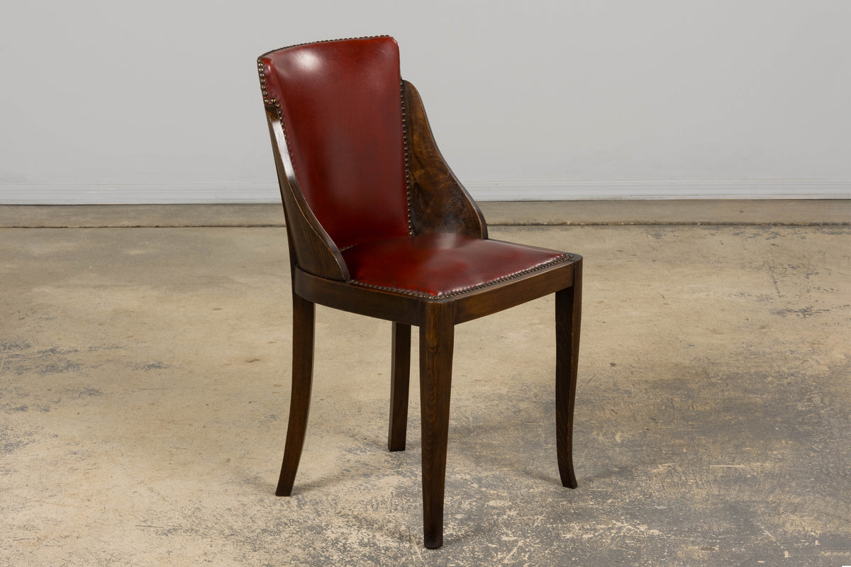 1930s French Art Deco Maple Gondola Dining Chairs W/ Red Faux Leather - Set of 6