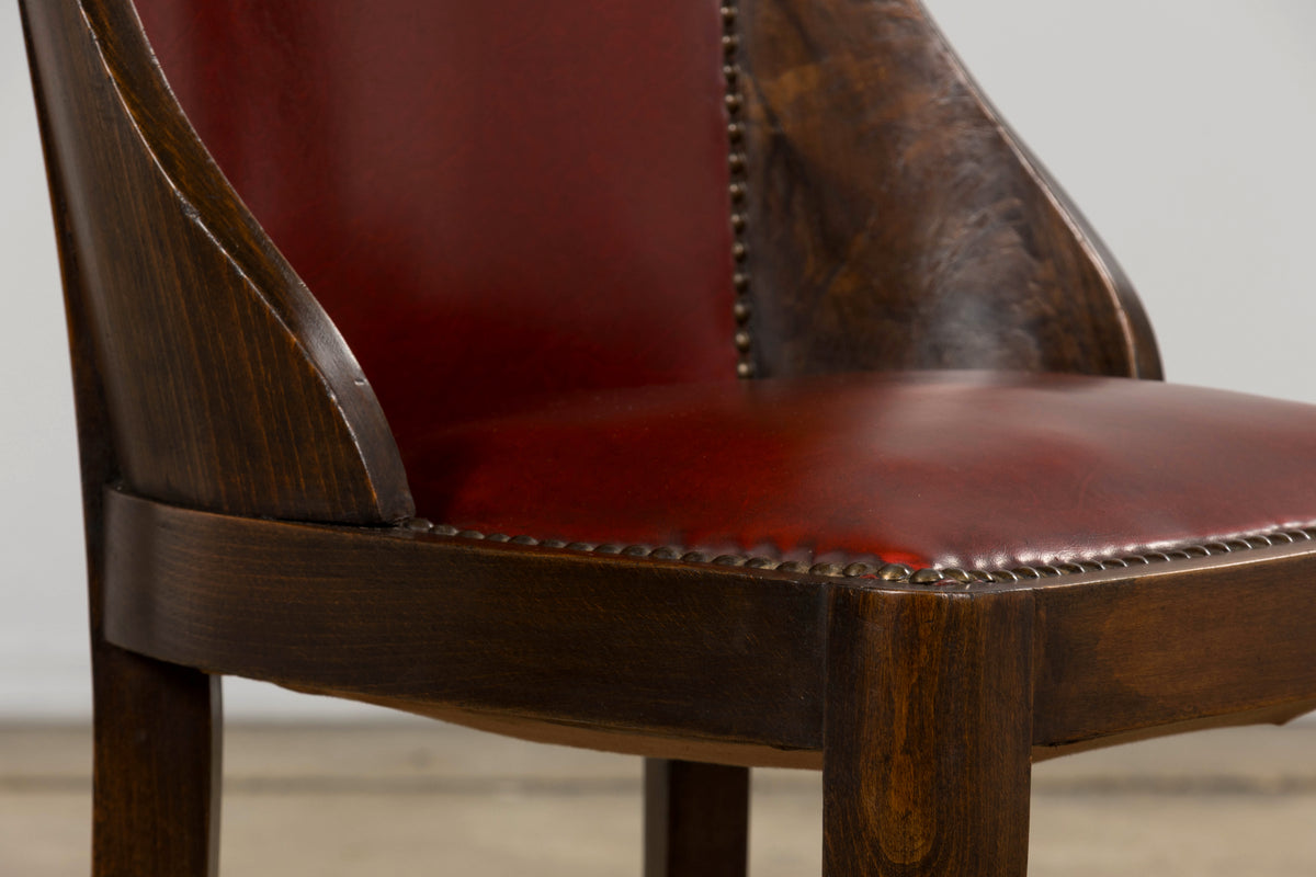 1930s French Art Deco Maple Gondola Dining Chairs W/ Red Faux Leather - Set of 6