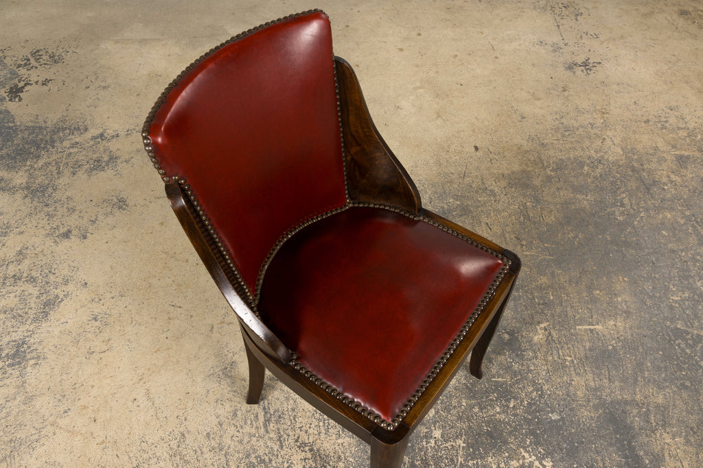 1930s French Art Deco Maple Gondola Dining Chairs W/ Red Faux Leather - Set of 6