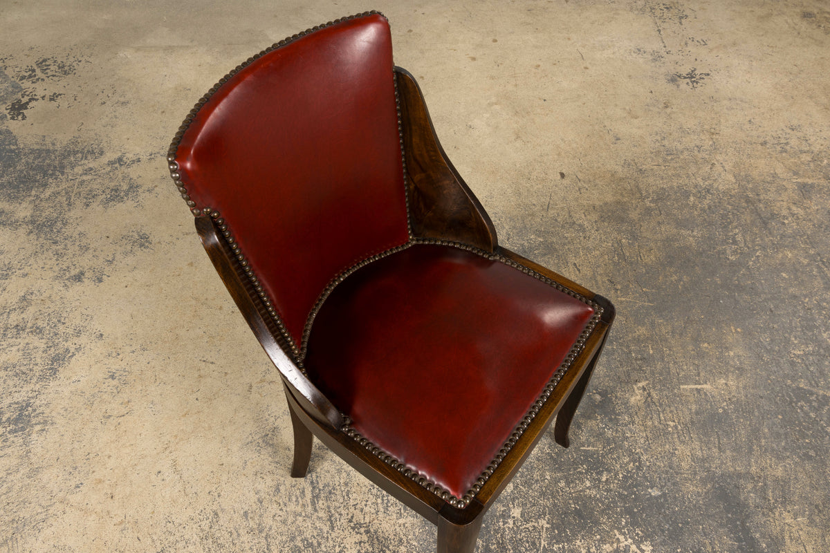1930s French Art Deco Maple Gondola Dining Chairs W/ Red Faux Leather - Set of 6