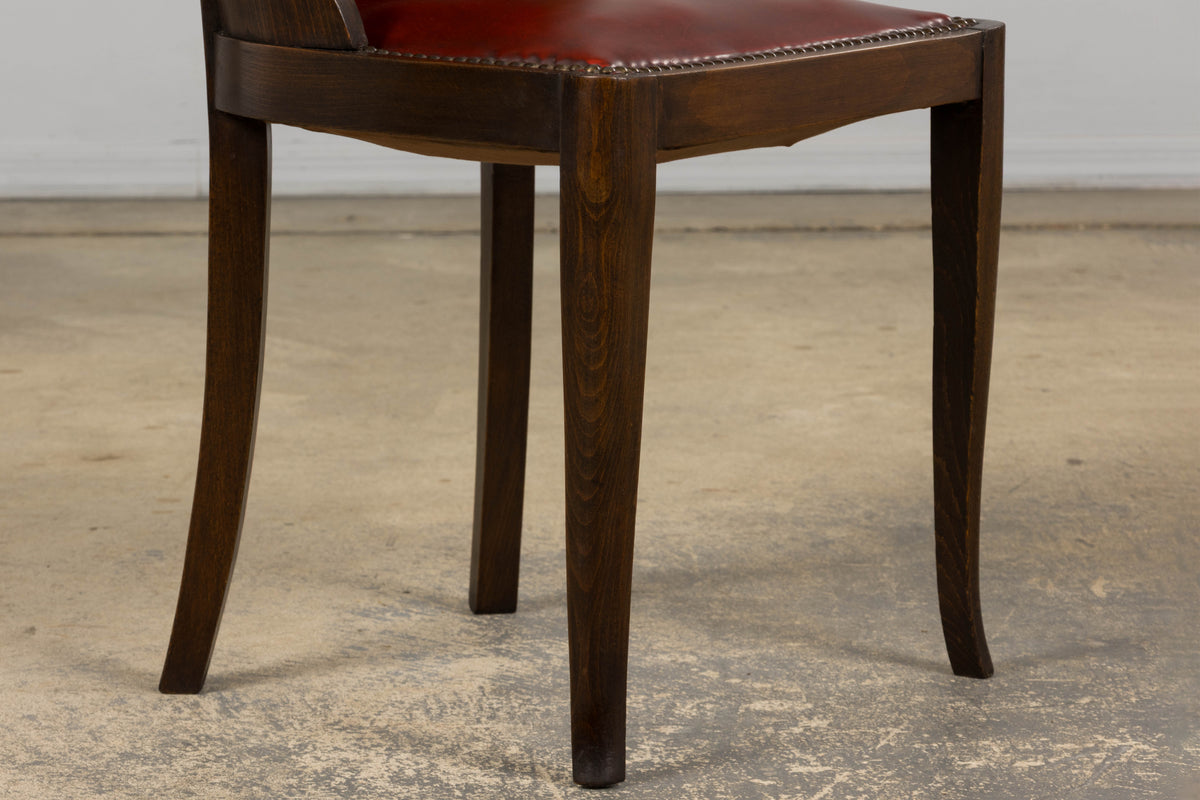 1930s French Art Deco Maple Gondola Dining Chairs W/ Red Faux Leather - Set of 6