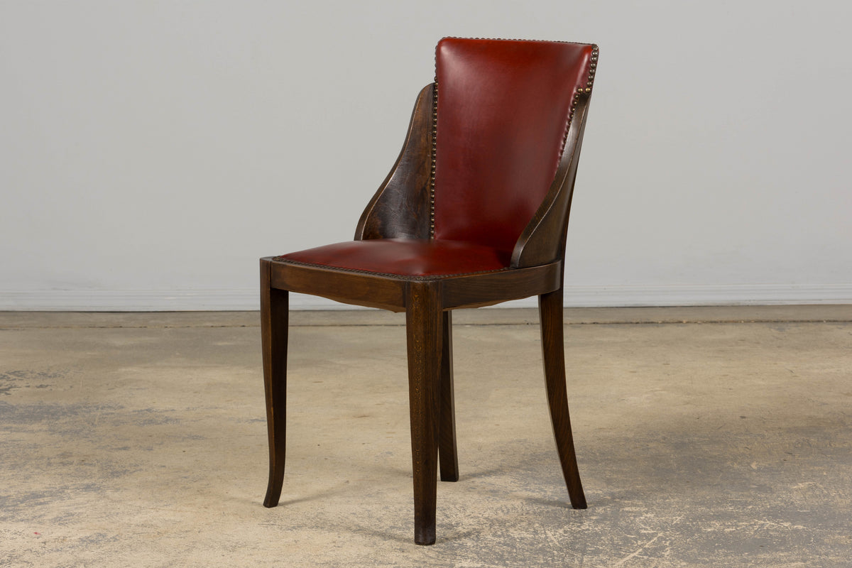 1930s French Art Deco Maple Gondola Dining Chairs W/ Red Faux Leather - Set of 6