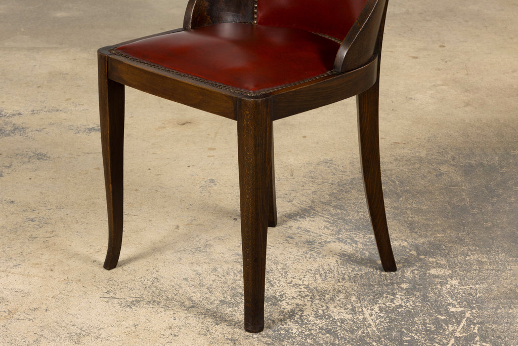 1930s French Art Deco Maple Gondola Dining Chairs W/ Red Faux Leather - Set of 6