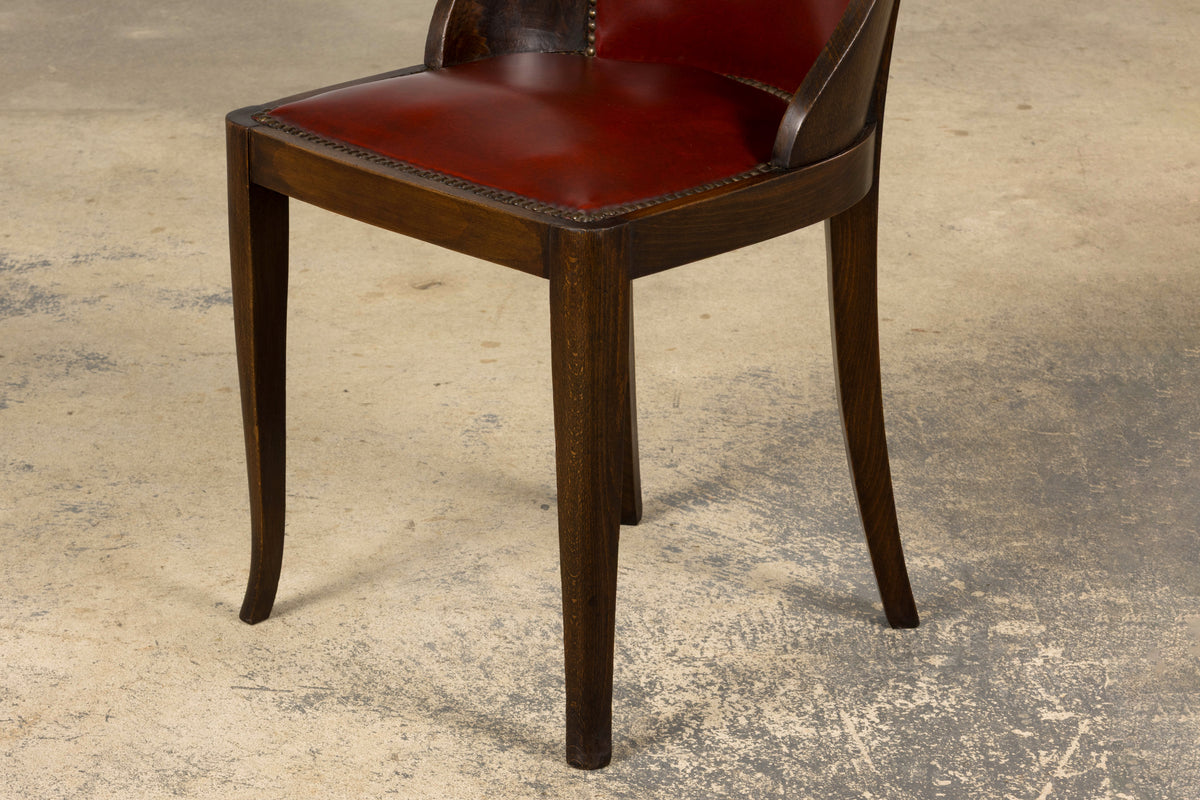 1930s French Art Deco Maple Gondola Dining Chairs W/ Red Faux Leather - Set of 6