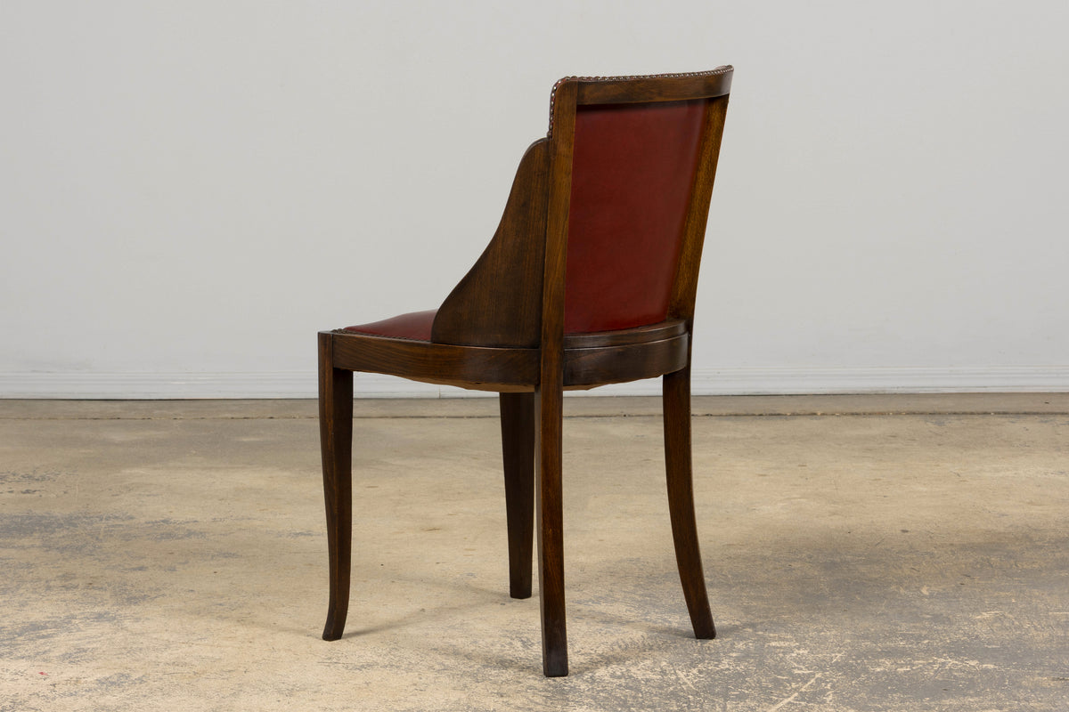 1930s French Art Deco Maple Gondola Dining Chairs W/ Red Faux Leather - Set of 6