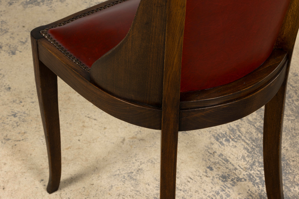 1930s French Art Deco Maple Gondola Dining Chairs W/ Red Faux Leather - Set of 6
