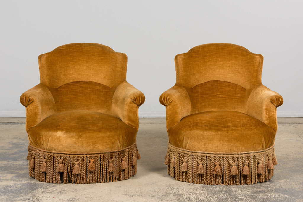 19th Century French Napoleon III Armchairs W/ Golden Ochre Mohair - A Pair