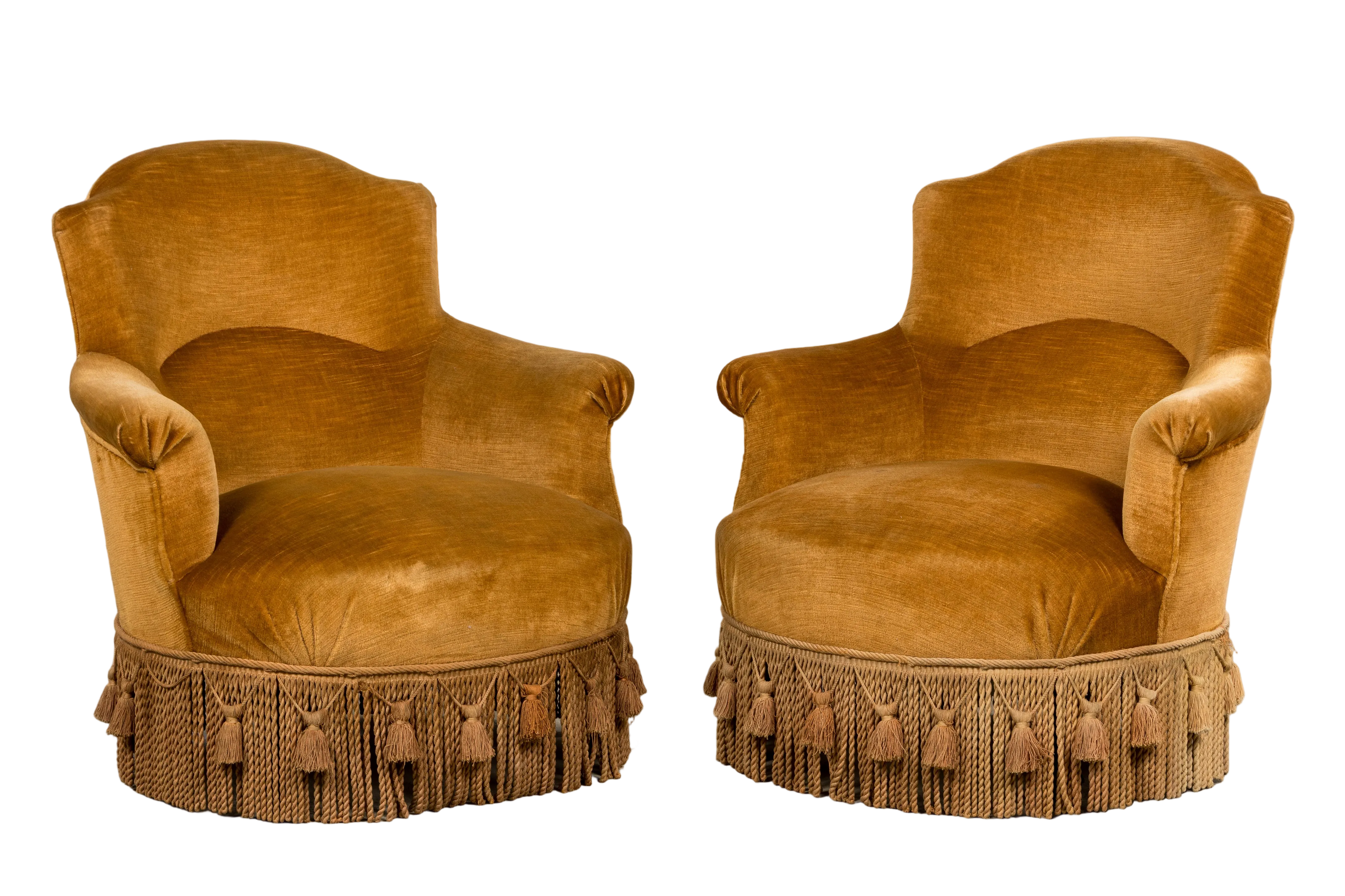 19th Century French Napoleon III Armchairs W/ Golden Ochre Mohair - A Pair