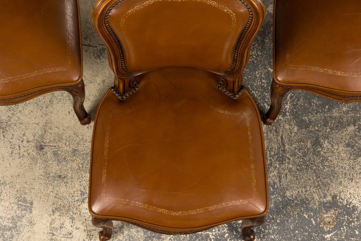 French Louis XV Style Maple Dining Chairs in Brown Leather - Set of 6