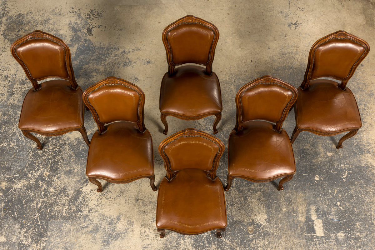 French Louis XV Style Maple Dining Chairs in Brown Leather - Set of 6