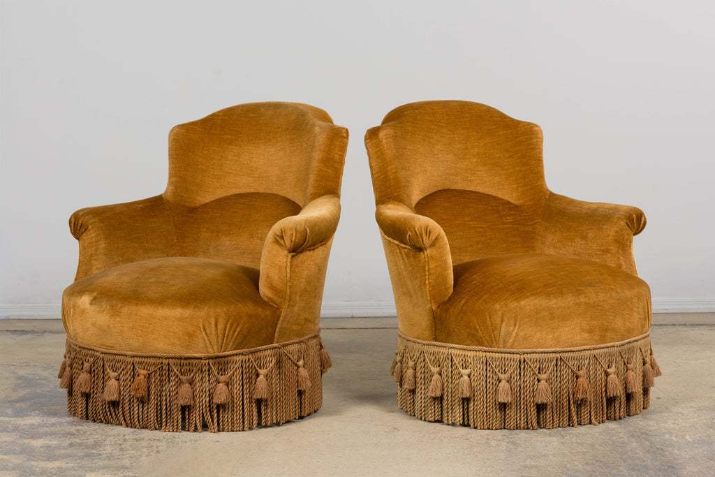 19th Century French Napoleon III Armchairs W/ Golden Ochre Mohair - A Pair