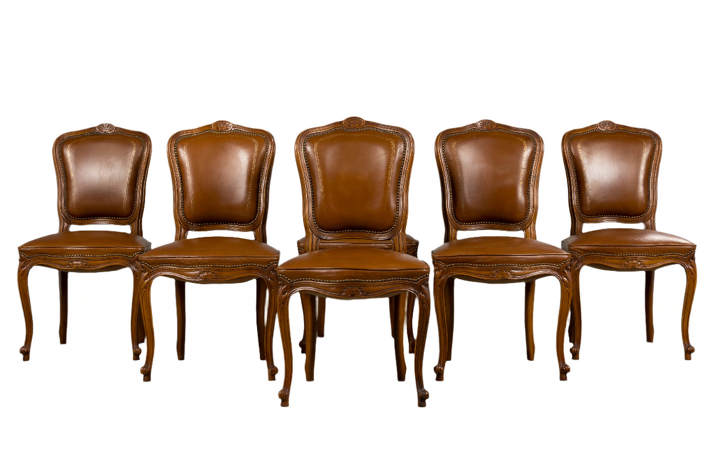 French Louis XV Style Maple Dining Chairs in Brown Leather - Set of 6