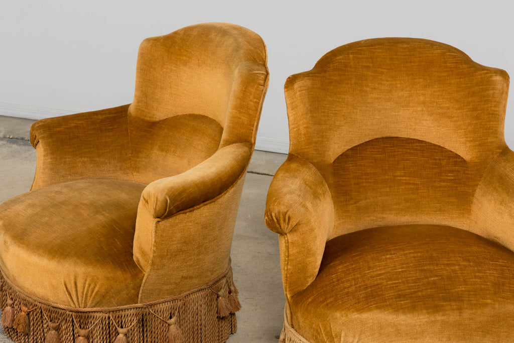 19th Century French Napoleon III Armchairs W/ Golden Ochre Mohair - A Pair