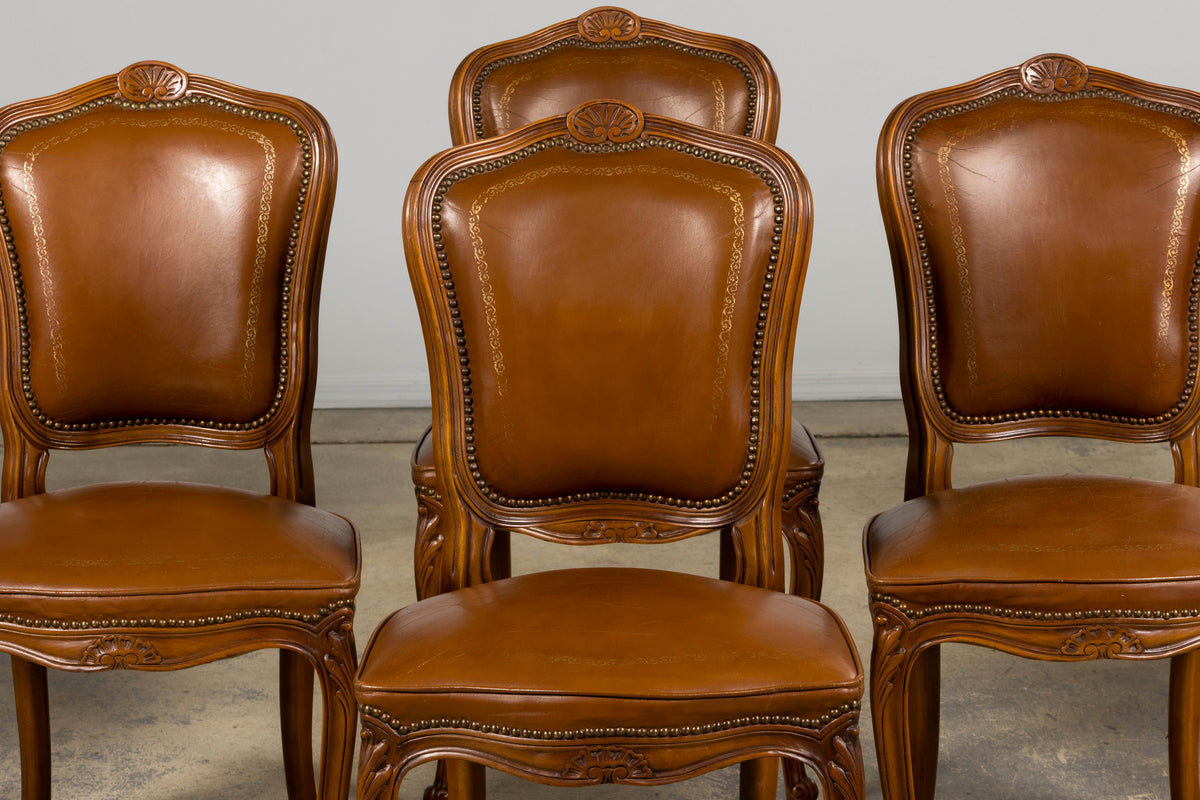 French Louis XV Style Maple Dining Chairs in Brown Leather - Set of 6