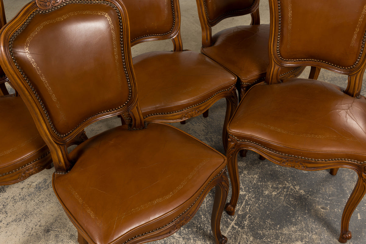 French Louis XV Style Maple Dining Chairs in Brown Leather - Set of 6