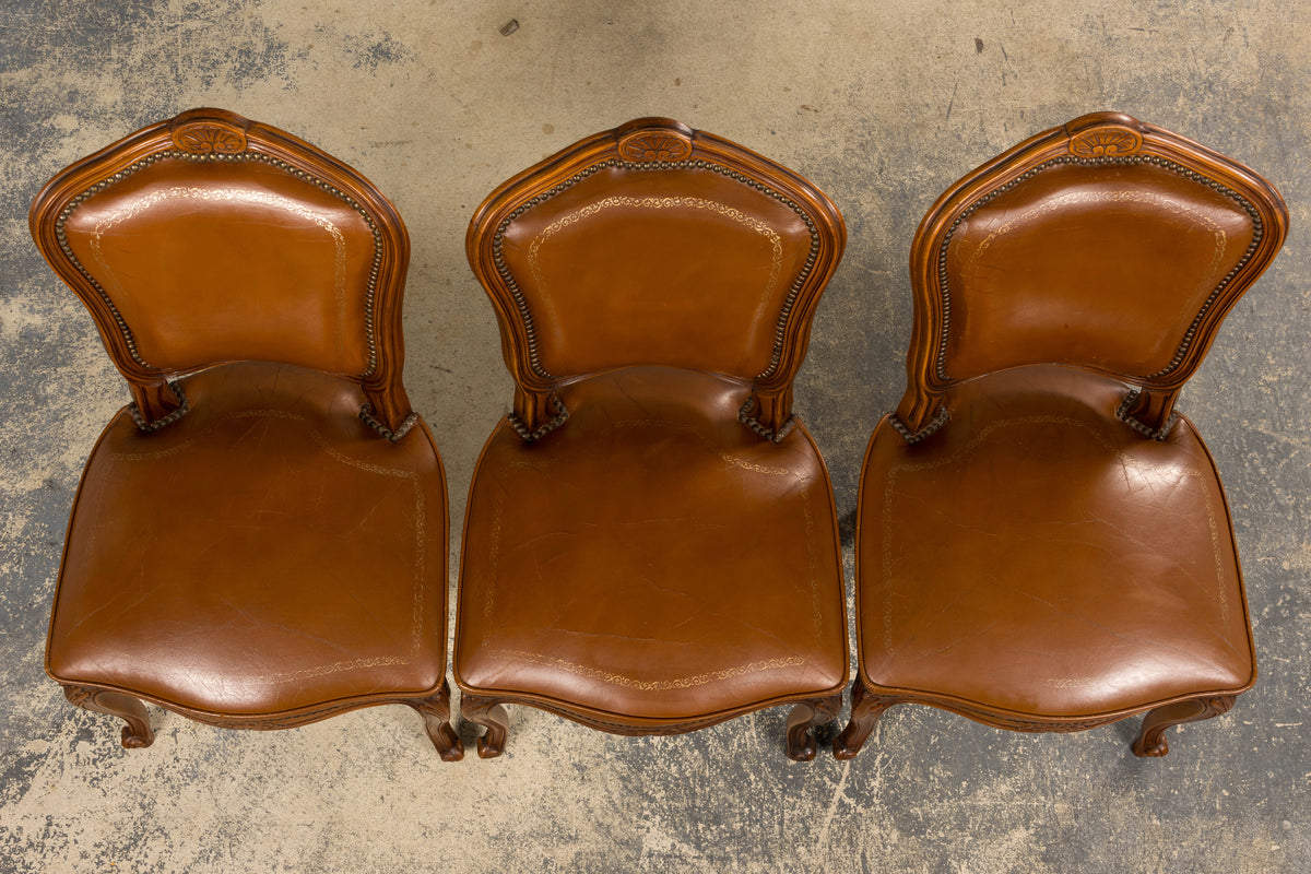 French Louis XV Style Maple Dining Chairs in Brown Leather - Set of 6