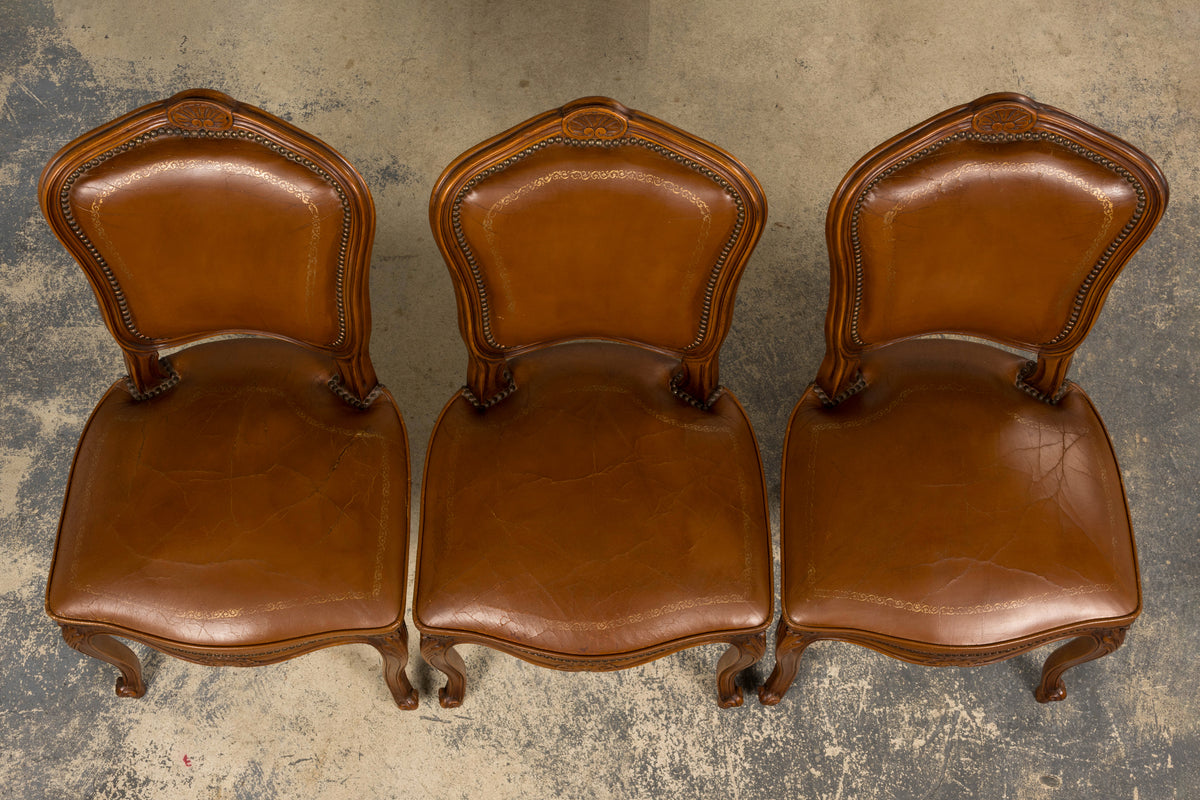 French Louis XV Style Maple Dining Chairs in Brown Leather - Set of 6