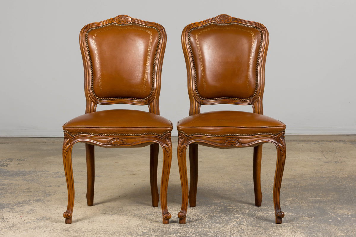 French Louis XV Style Maple Dining Chairs in Brown Leather - Set of 6
