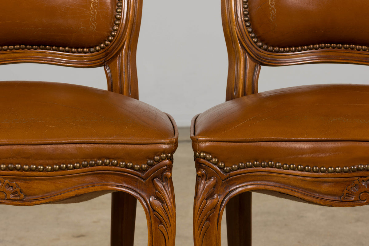 French Louis XV Style Maple Dining Chairs in Brown Leather - Set of 6