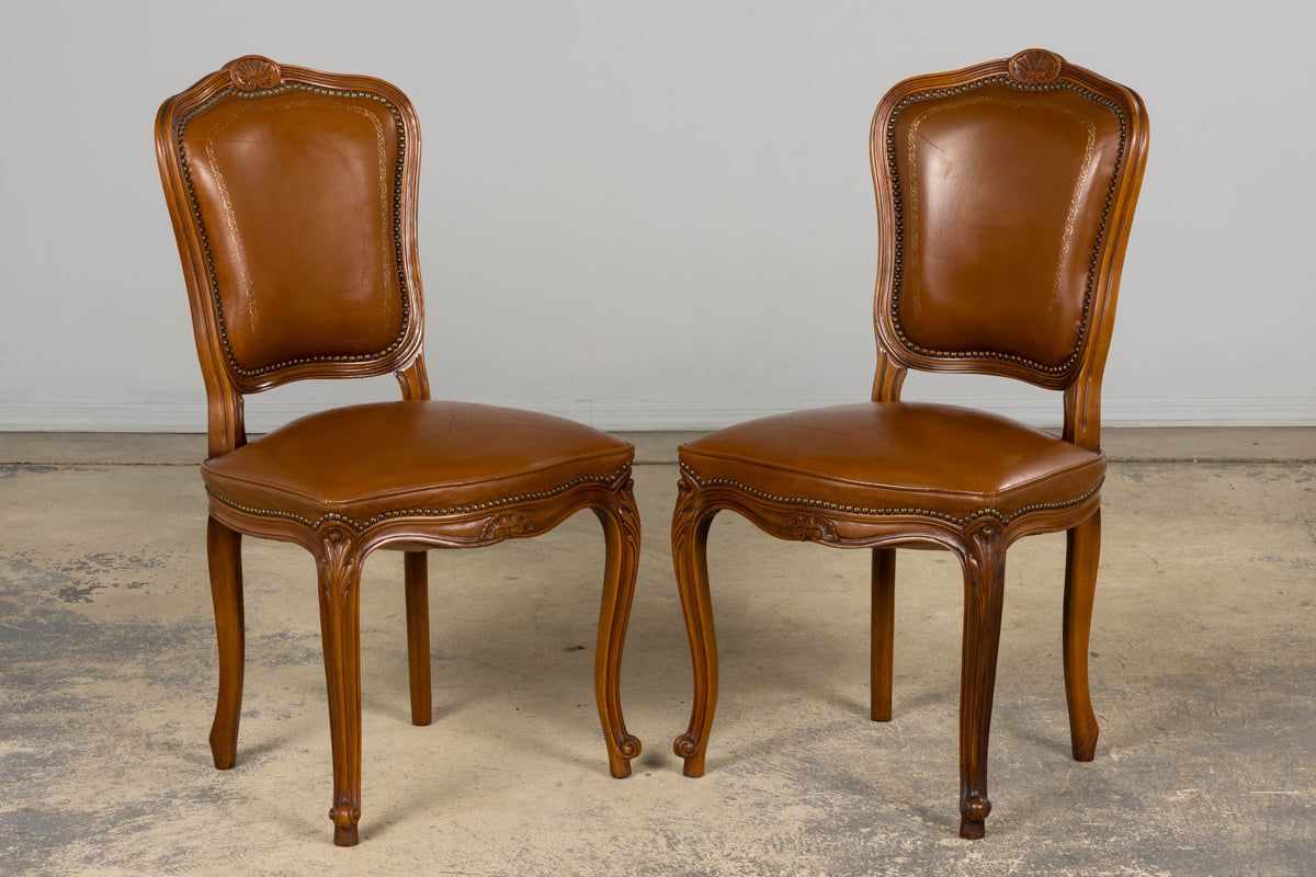 French Louis XV Style Maple Dining Chairs in Brown Leather - Set of 6