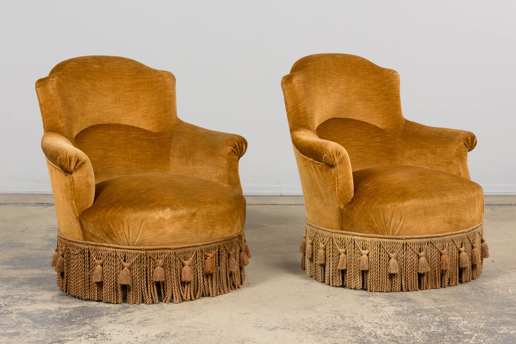 19th Century French Napoleon III Armchairs W/ Golden Ochre Mohair - A Pair