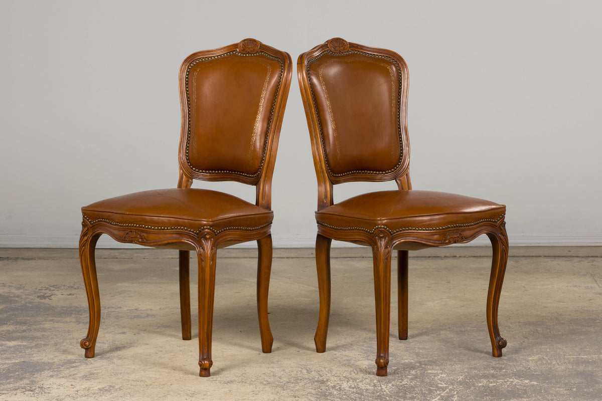 French Louis XV Style Maple Dining Chairs in Brown Leather - Set of 6