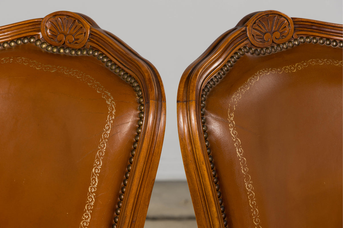 French Louis XV Style Maple Dining Chairs in Brown Leather - Set of 6