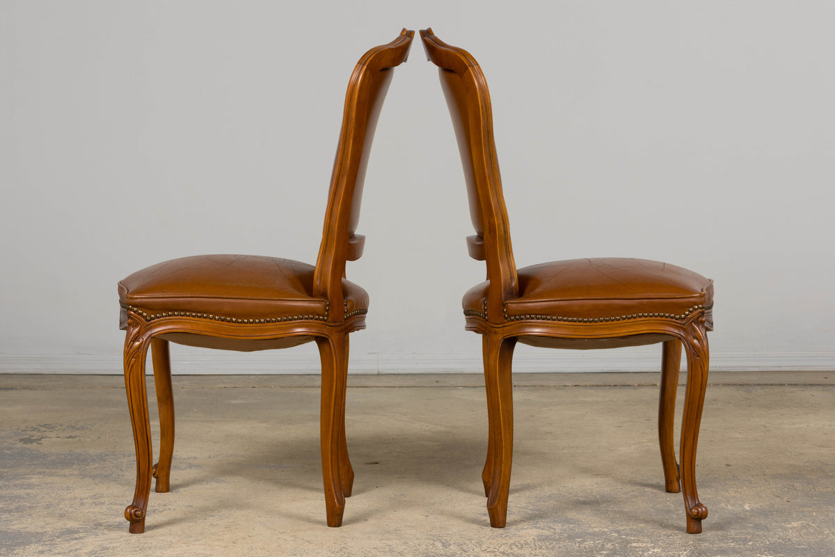 French Louis XV Style Maple Dining Chairs in Brown Leather - Set of 6