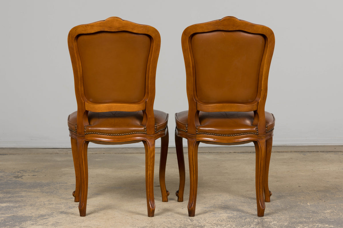 French Louis XV Style Maple Dining Chairs in Brown Leather - Set of 6