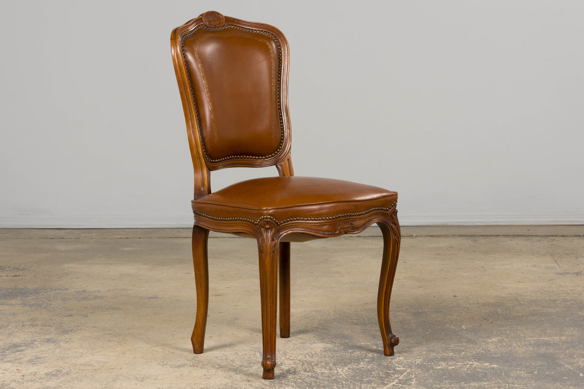 French Louis XV Style Maple Dining Chairs in Brown Leather - Set of 6