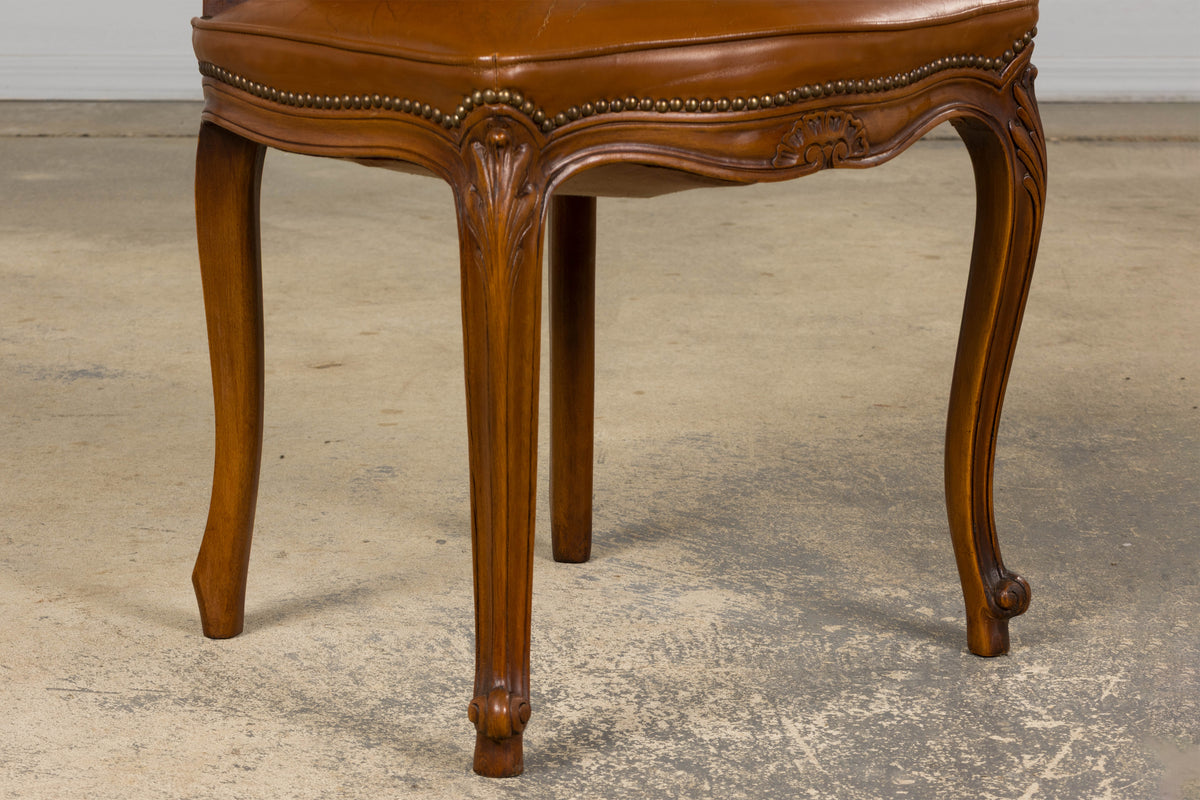 French Louis XV Style Maple Dining Chairs in Brown Leather - Set of 6